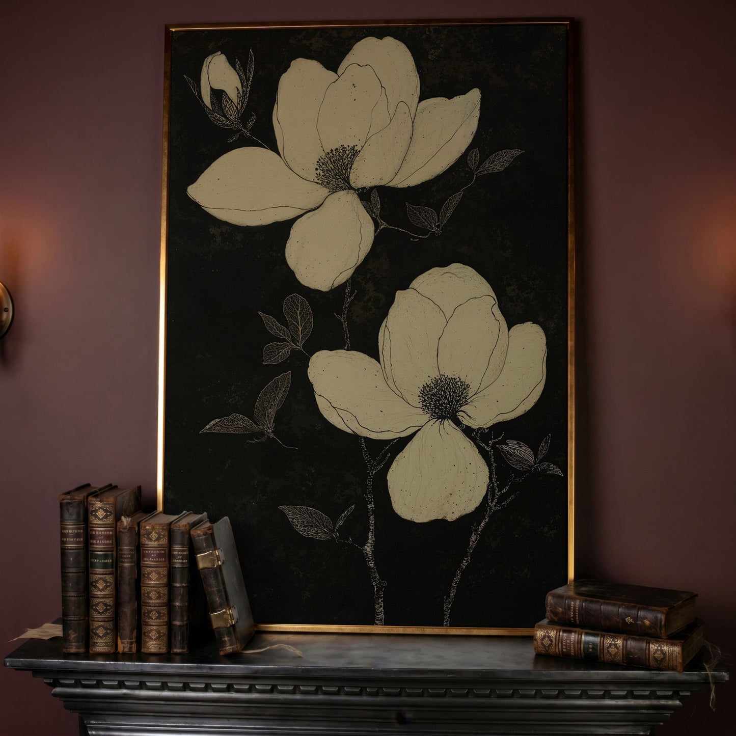 Magnolia Flowers in Monochrome Canvas Print in rose gold floating frame