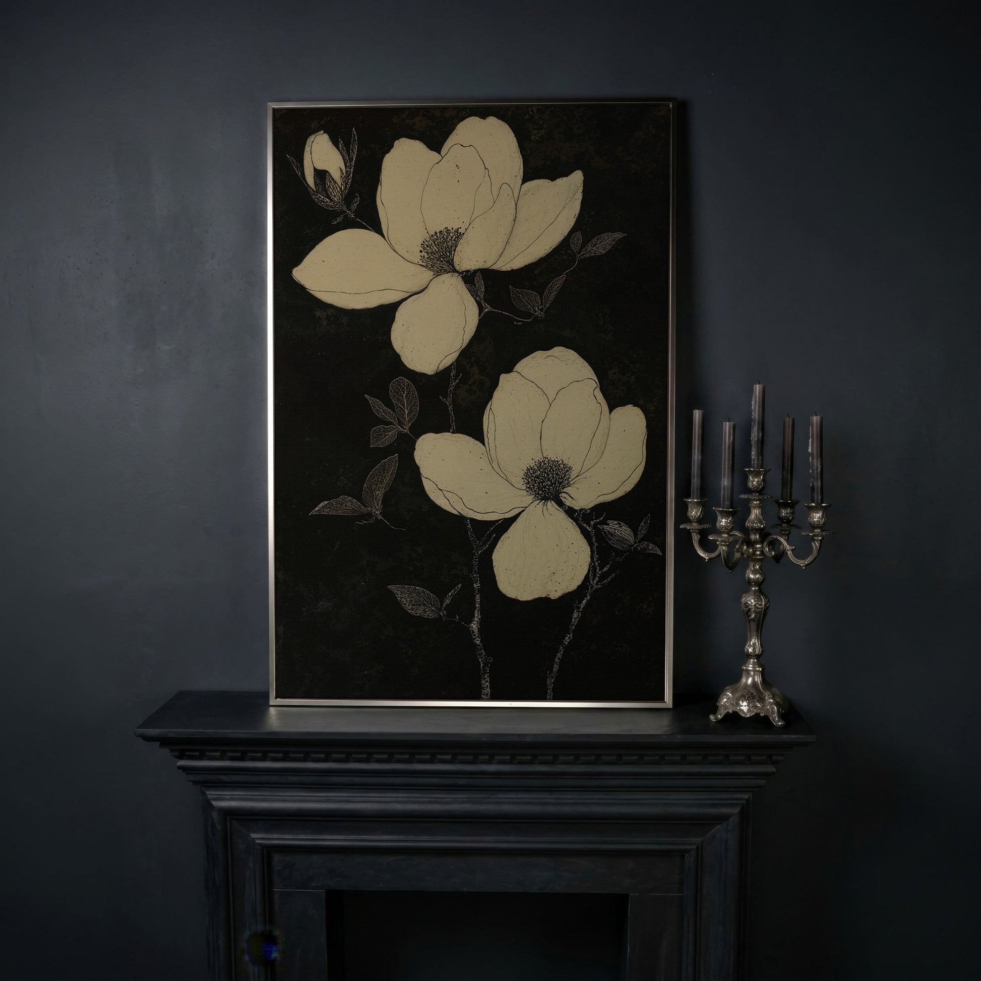 Magnolia Flowers in Monochrome Canvas Print in silver floating frame