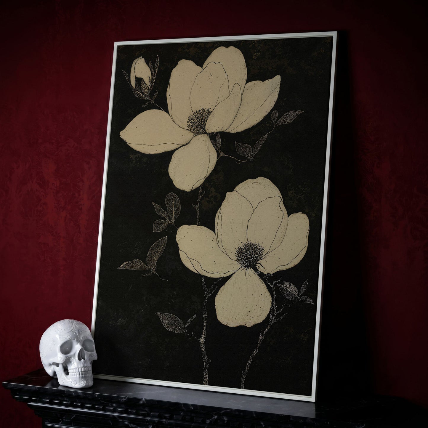 Magnolia Flowers in Monochrome Canvas Print in white floating frame