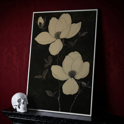 Magnolia Flowers in Monochrome Canvas Print in white floating frame