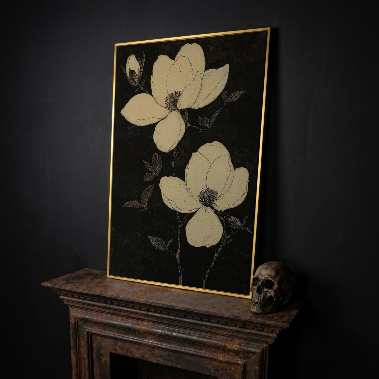 Magnolia Flowers in Monochrome Canvas Print in yellow gold floating frame