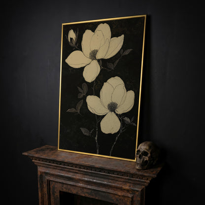 Magnolia Flowers in Monochrome Canvas Print in yellow gold floating frame