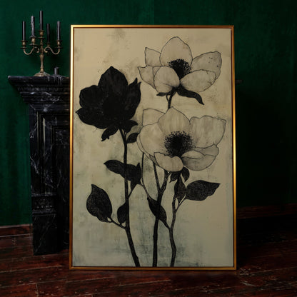Gothic Floral Monochrome Canvas in antique gold floating frame