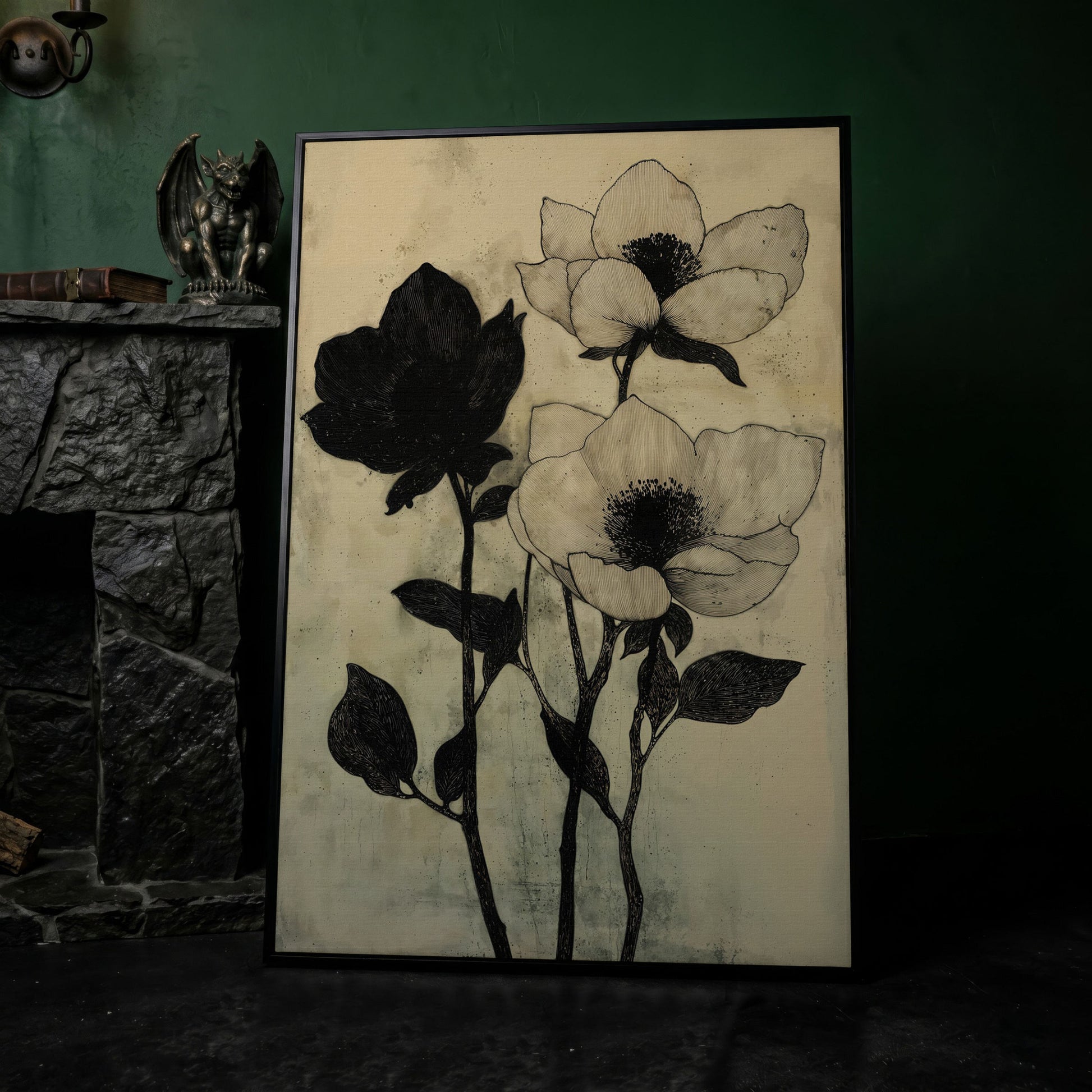 Gothic Floral Monochrome Canvas in black floating frame