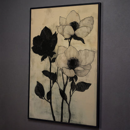 Gothic Floral Monochrome Canvas shown in black floating frame