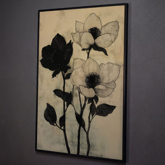 Gothic Floral Monochrome Canvas shown in black floating frame