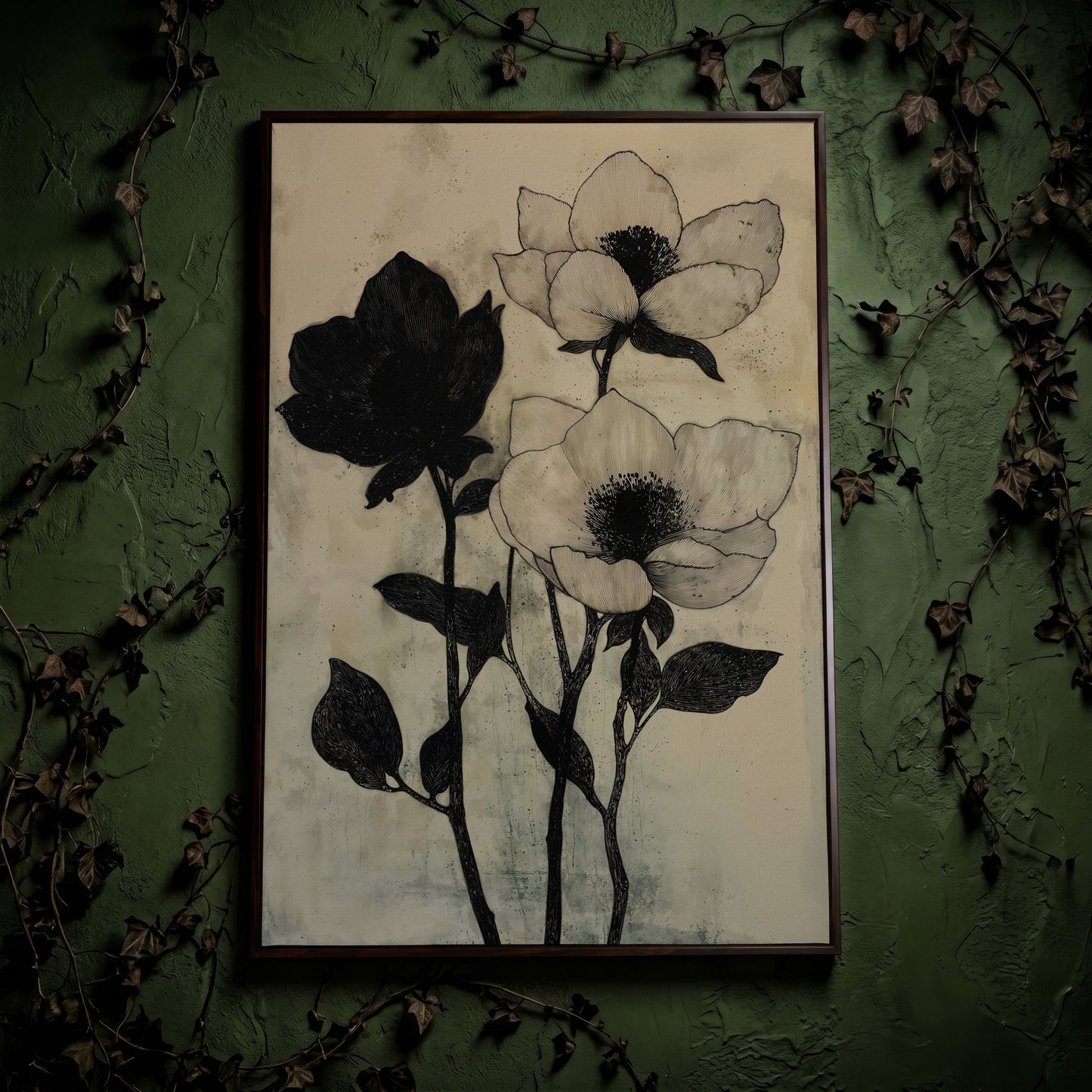 Gothic Floral Monochrome Canvas in dark walnut floating frame