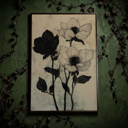 Gothic Floral Monochrome Canvas in dark walnut floating frame