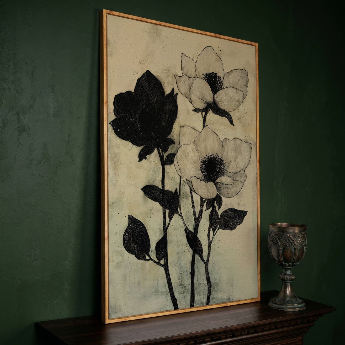 Gothic Floral Monochrome Canvas in white oak floating frame