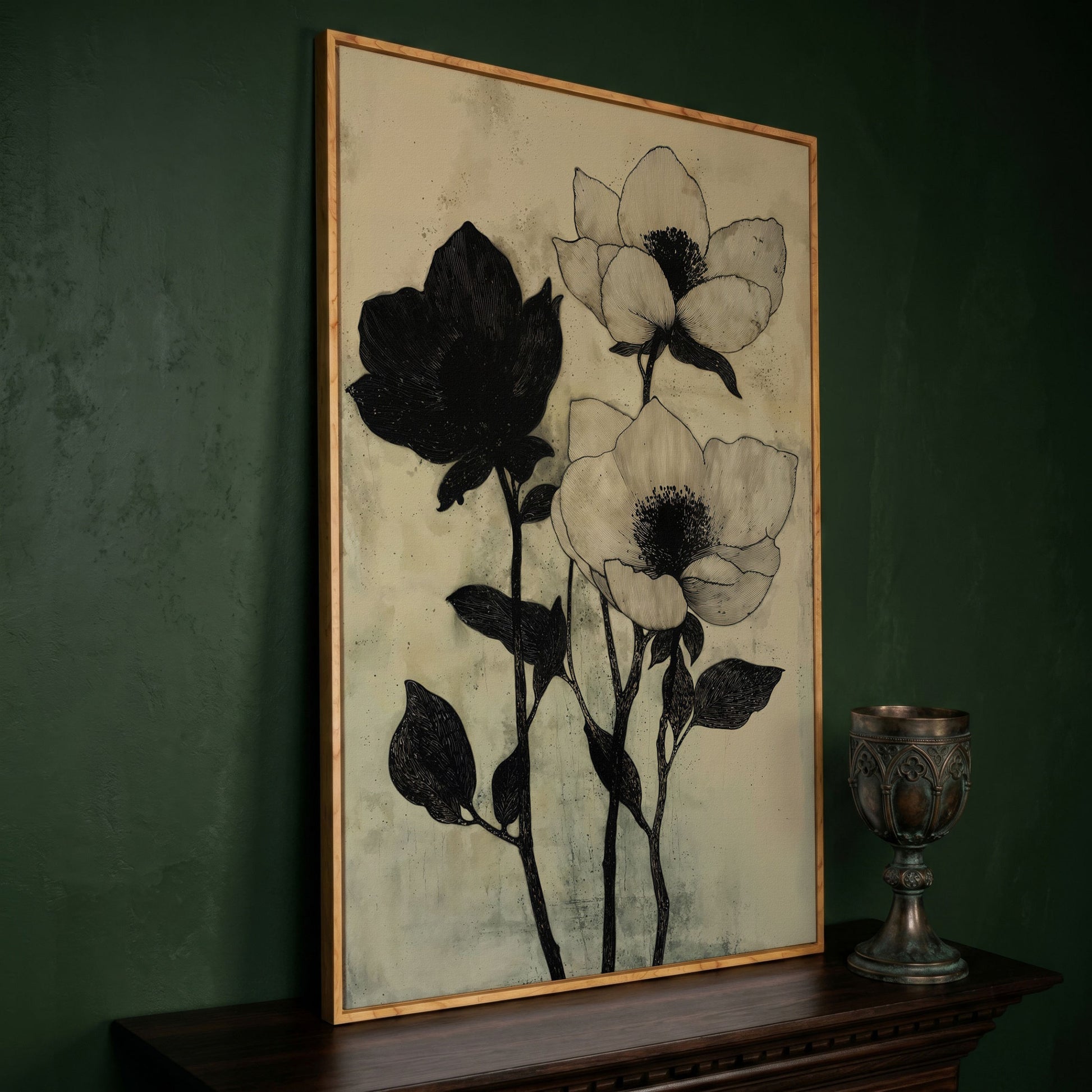 Gothic Floral Monochrome Canvas in white oak floating frame
