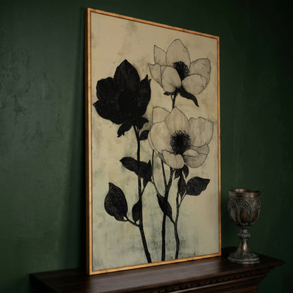 Gothic Floral Monochrome Canvas in white oak floating frame
