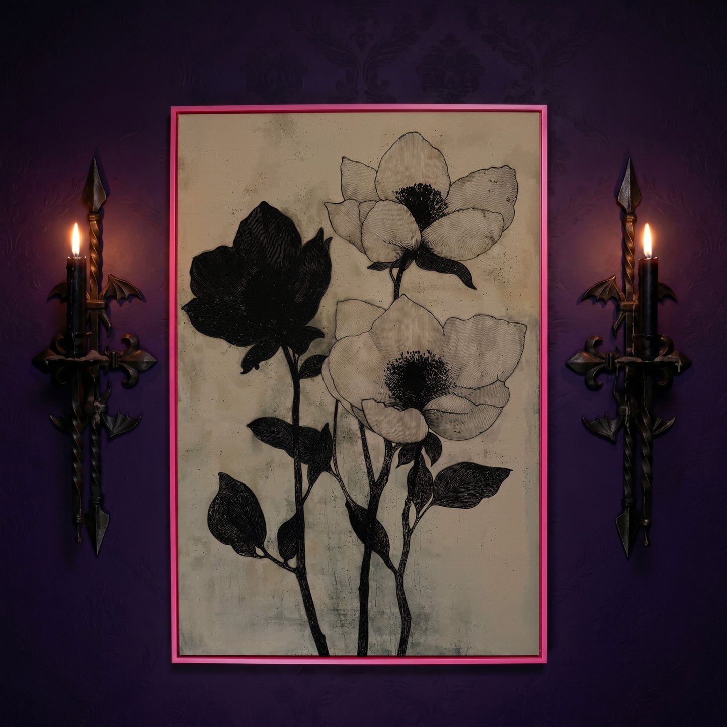 Gothic Floral Monochrome Canvas in pink floating frame