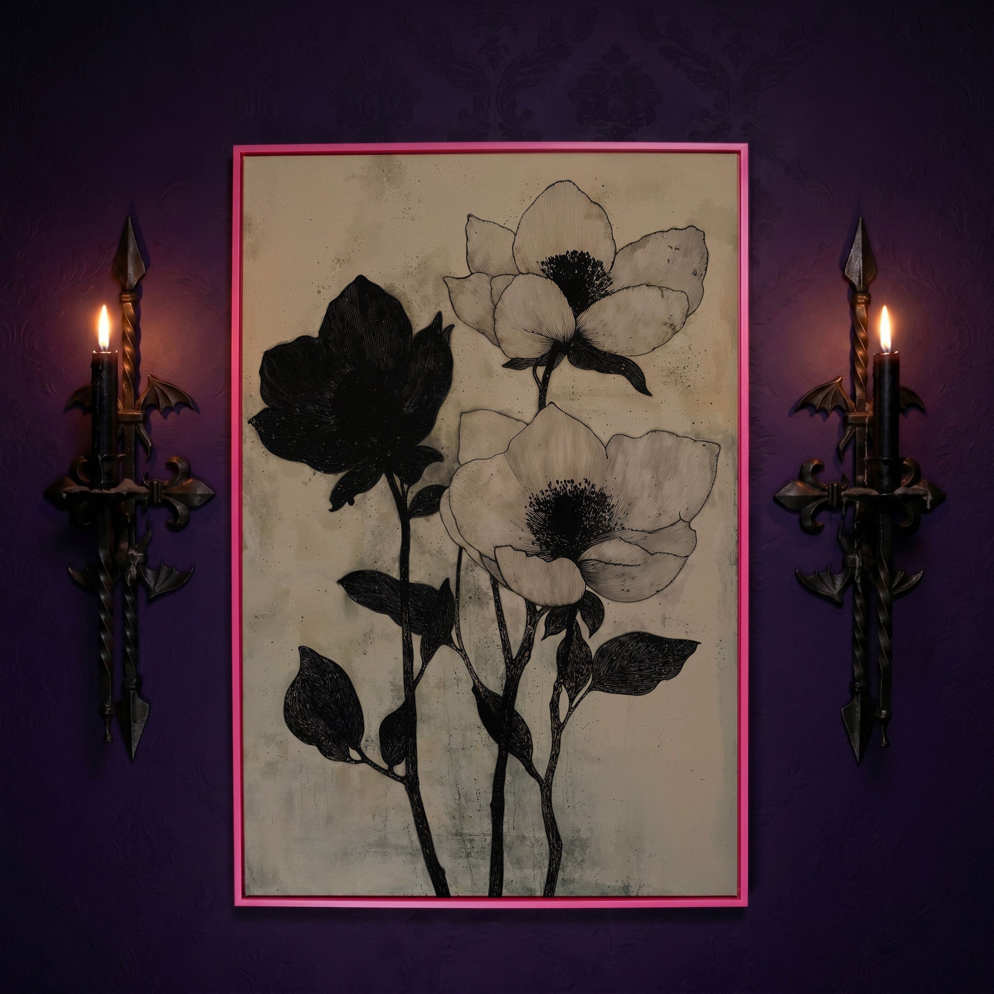 Gothic Floral Monochrome Canvas in pink floating frame
