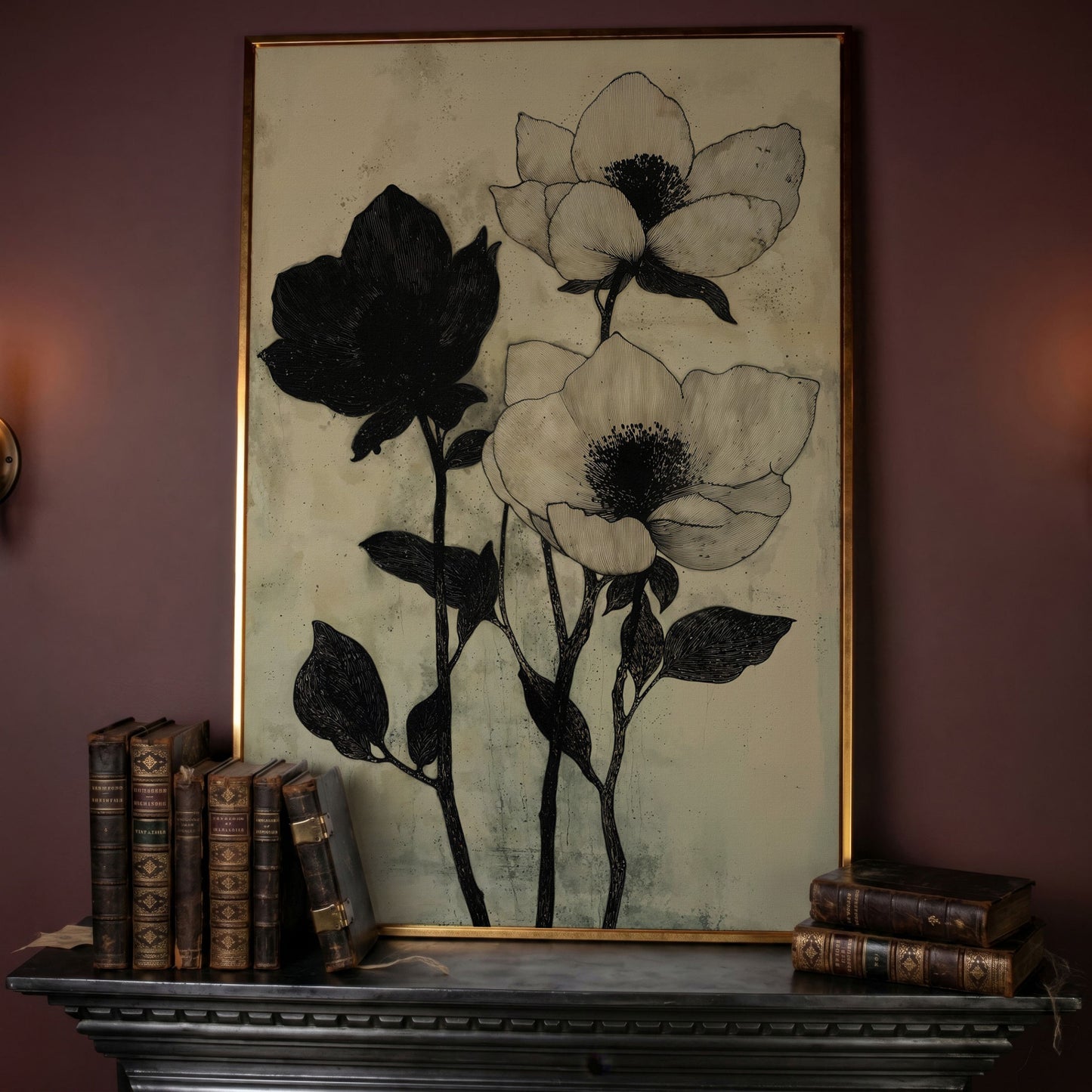 Gothic Floral Monochrome Canvas in rose gold floating frame