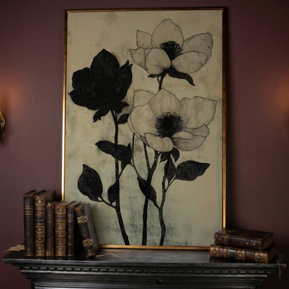 Gothic Floral Monochrome Canvas in rose gold floating frame