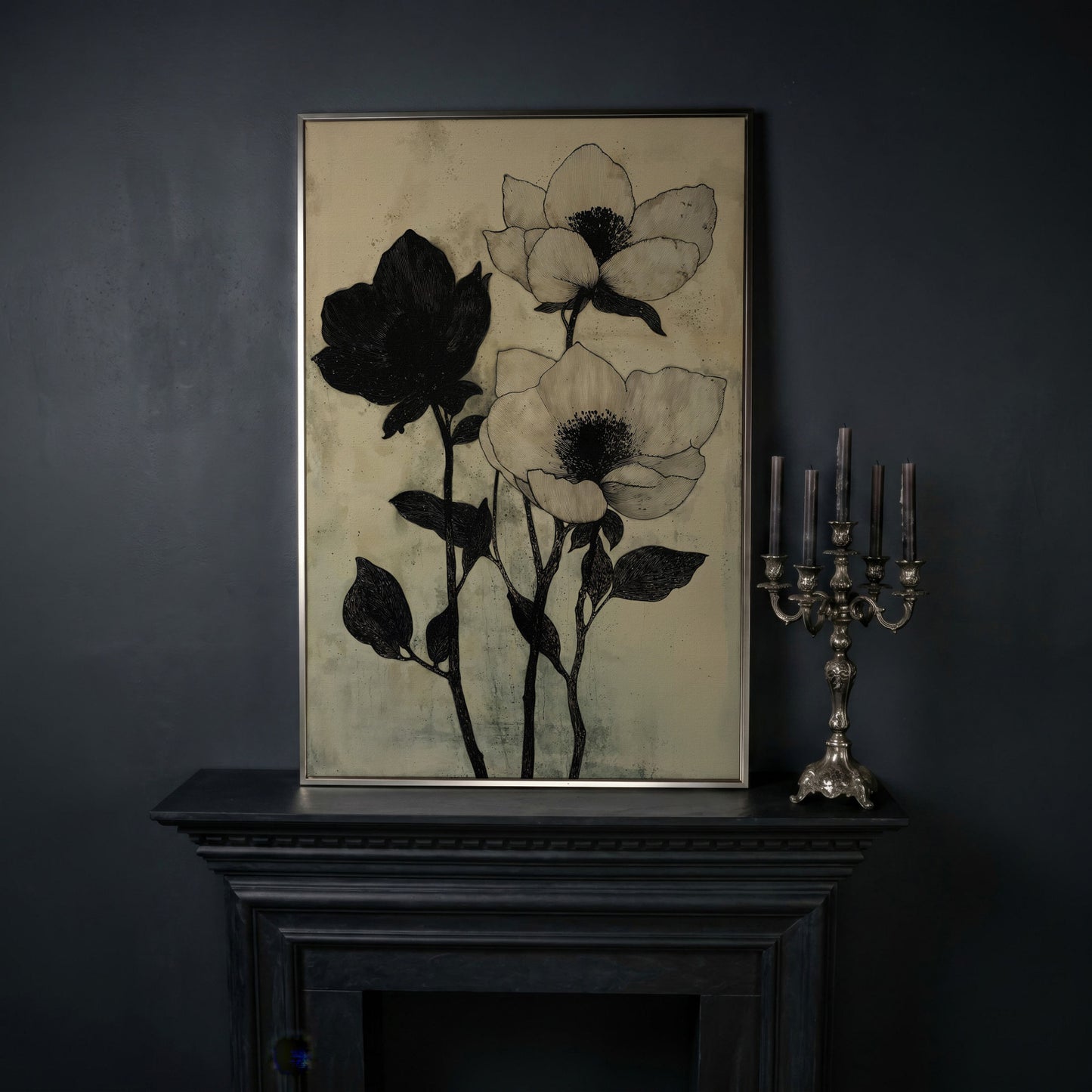 Gothic Floral Monochrome Canvas in silver floating frame