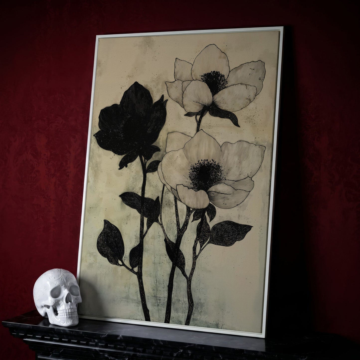 Gothic Floral Monochrome Canvas in white floating frame