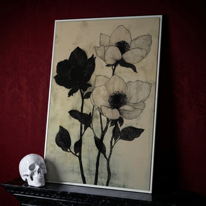 Gothic Floral Monochrome Canvas in white floating frame