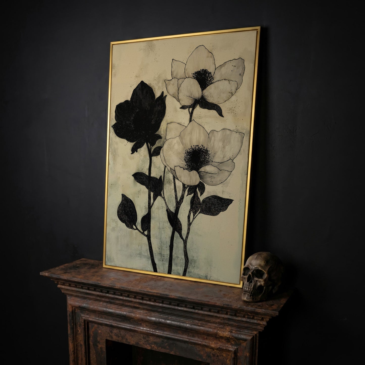 Gothic Floral Monochrome Canvas in yellow gold floating frame