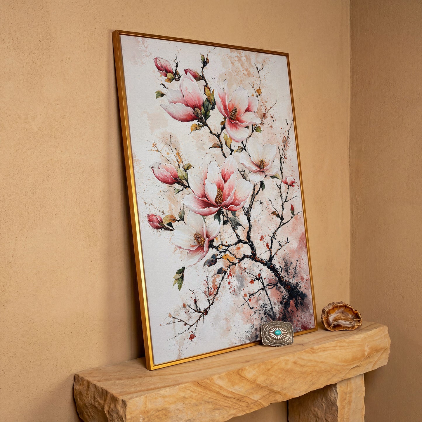 Pink Magnolia Branches Canvas Print in antique gold floating frame