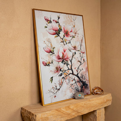 Pink Magnolia Branches Canvas Print in antique gold floating frame