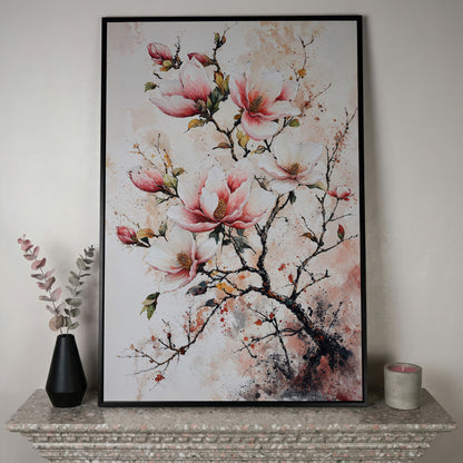 Pink Magnolia Branches Canvas Print in black floating frame