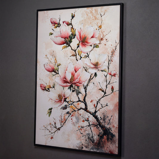 Pink Magnolia Branches Canvas Print shown in black floating frame