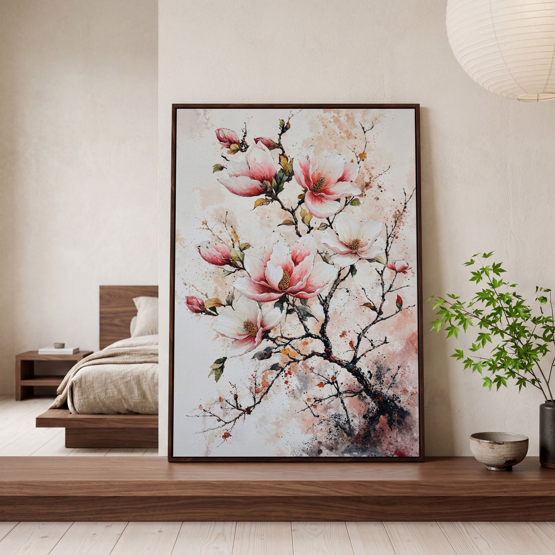 Pink Magnolia Branches Canvas Print in dark walnut floating frame