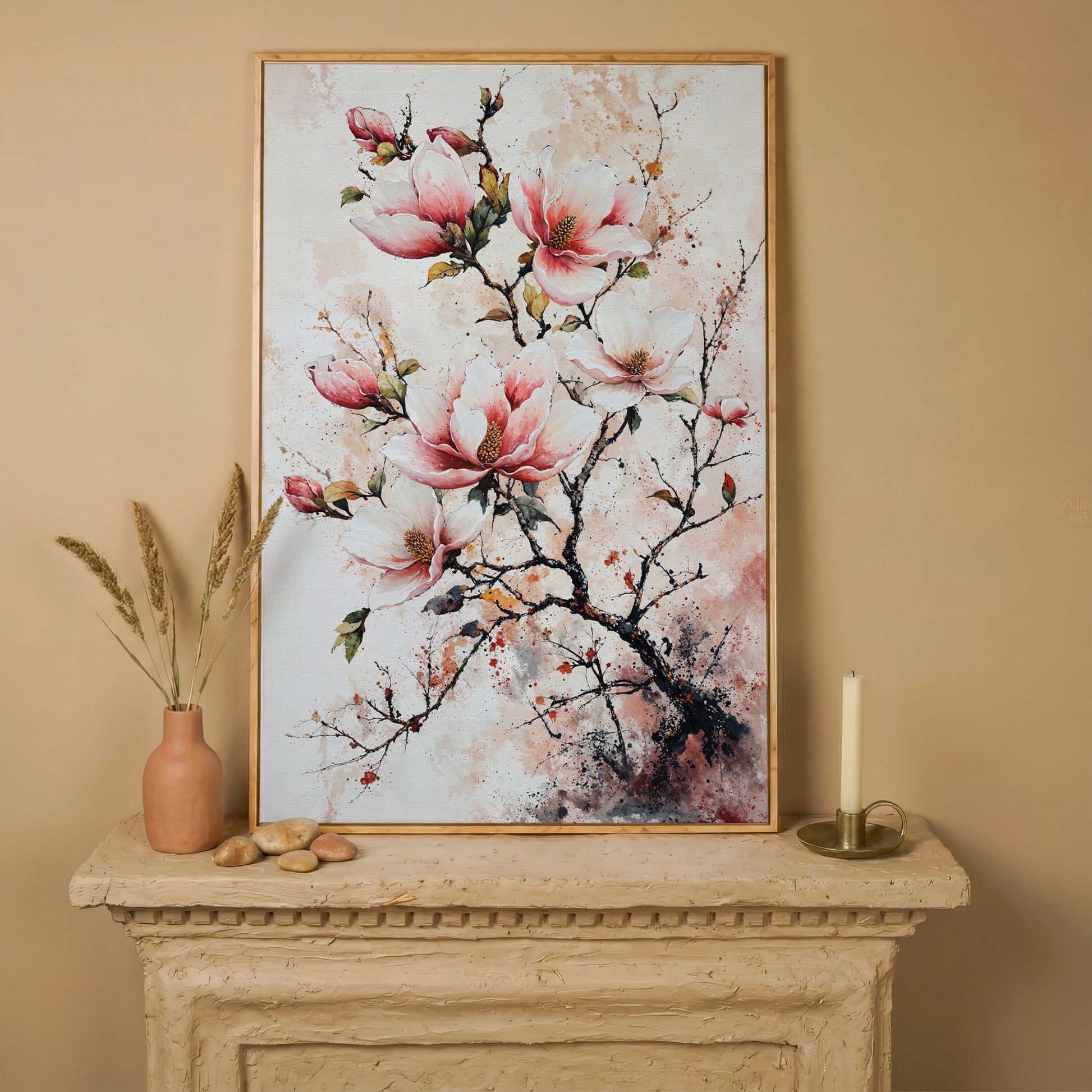Pink Magnolia Branches Canvas Print in white oak floating frame