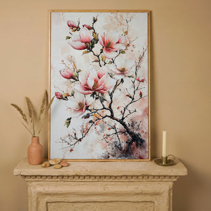 Pink Magnolia Branches Canvas Print in white oak floating frame