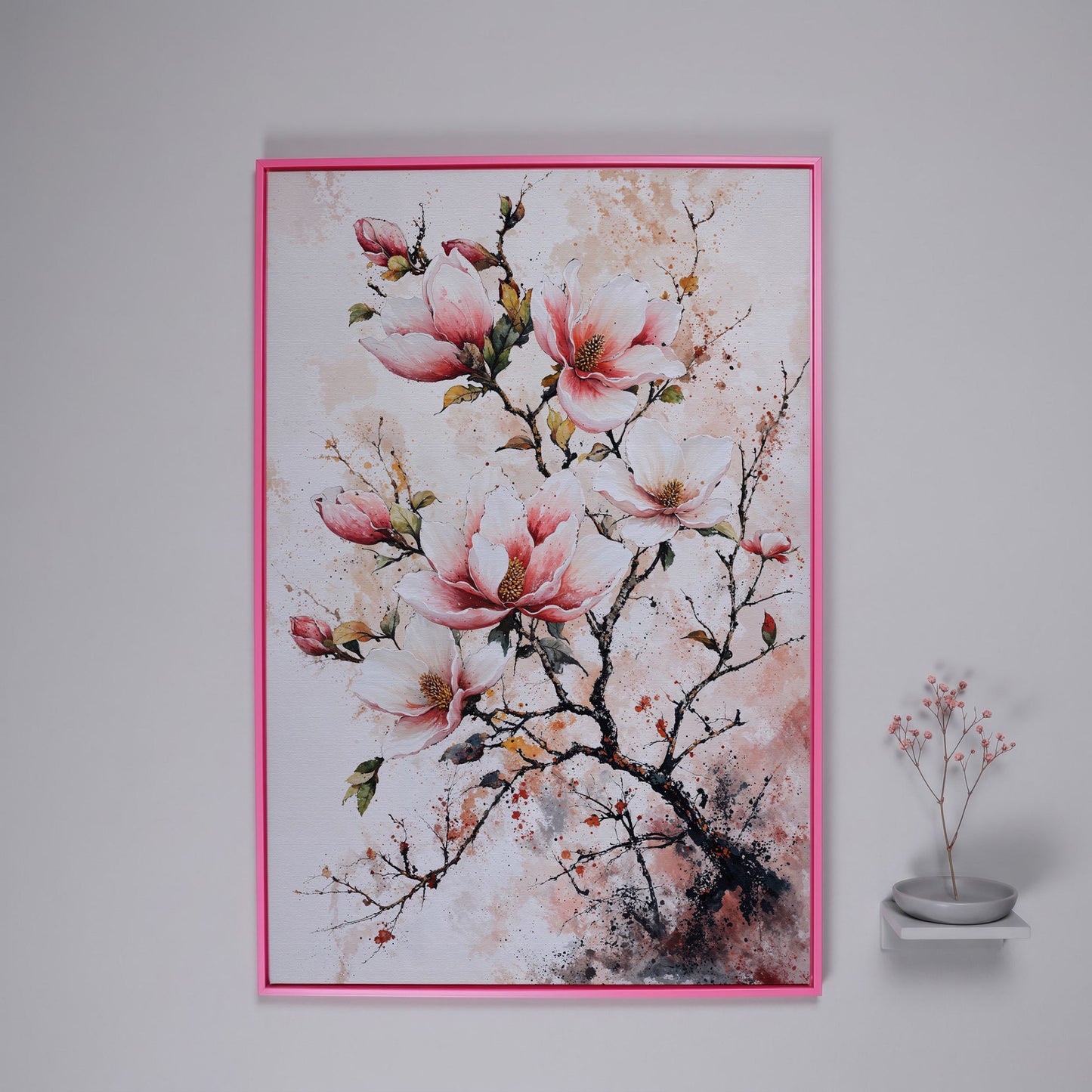 Pink Magnolia Branches Canvas Print in pink floating frame