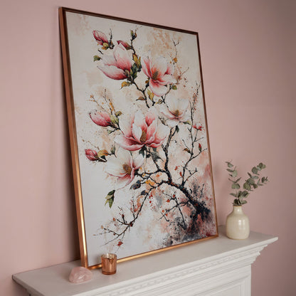 Pink Magnolia Branches Canvas Print in rose gold floating frame