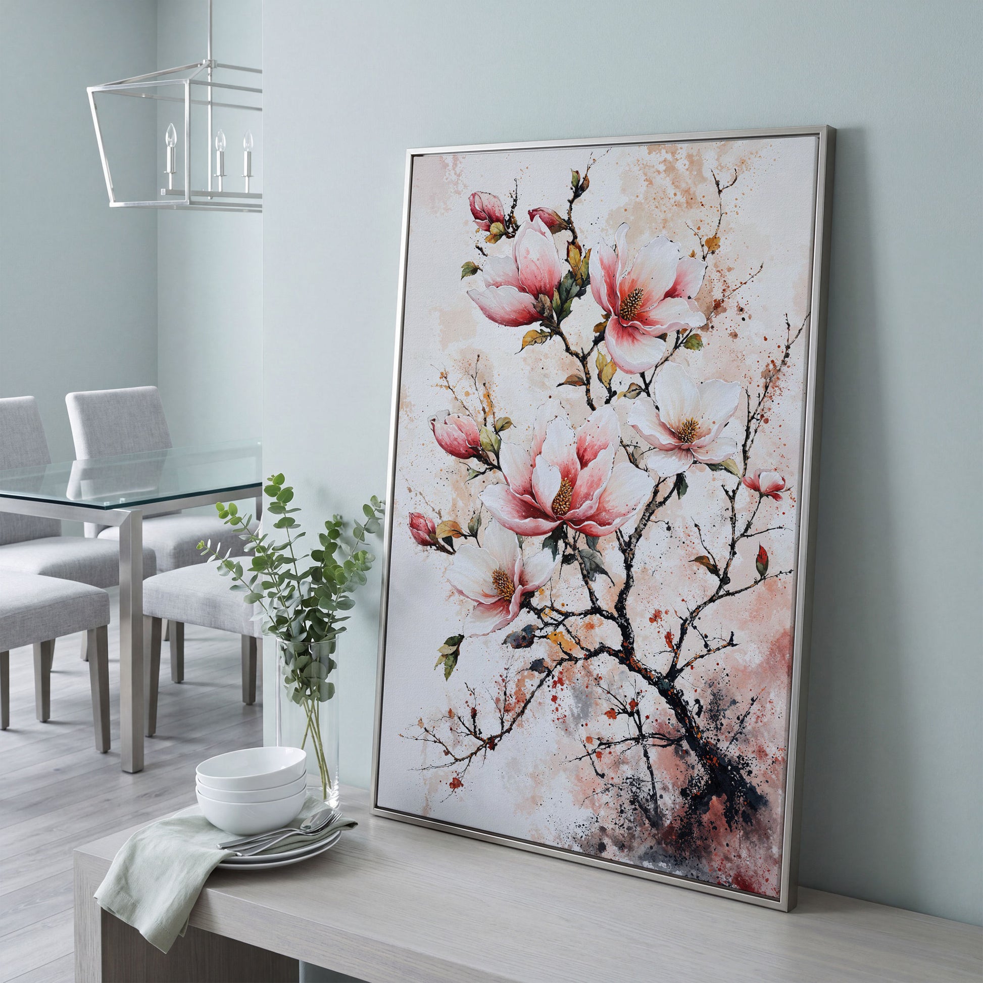 Pink Magnolia Branches Canvas Print in silver floating frame