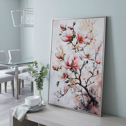 Pink Magnolia Branches Canvas Print in silver floating frame