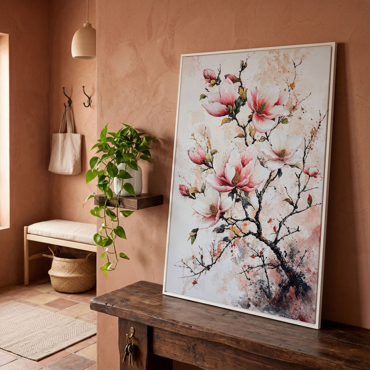 Pink Magnolia Branches Canvas Print in white floating frame