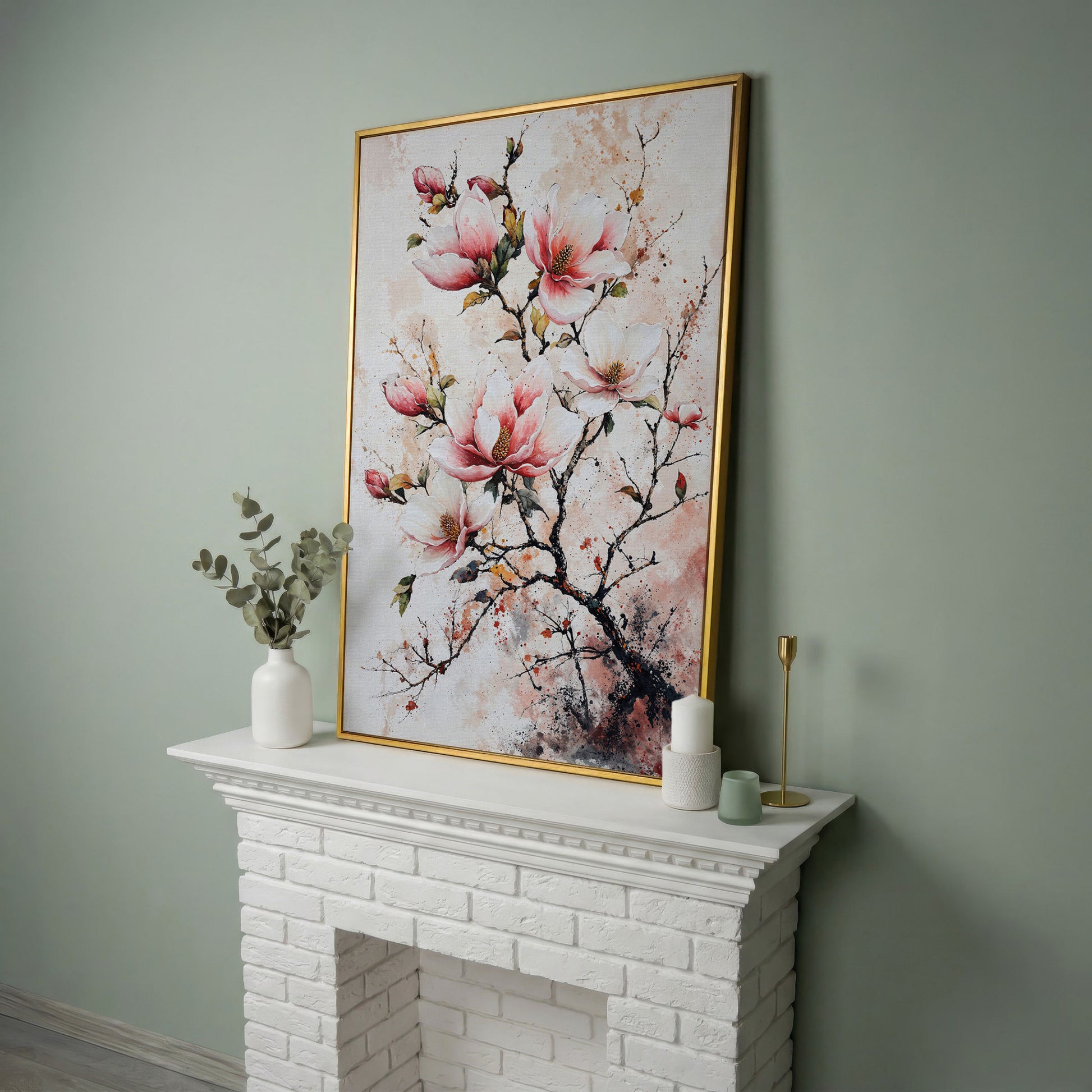 Pink Magnolia Branches Canvas Print in yellow gold floating frame