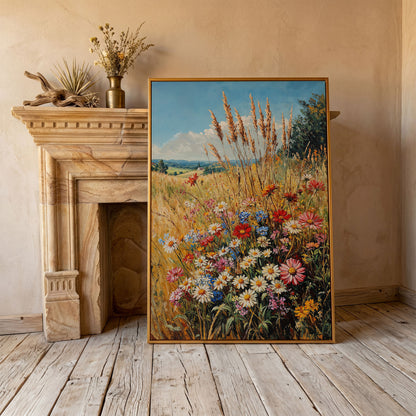 Wildflowers and Blue Sky Canvas in antique gold floating frame