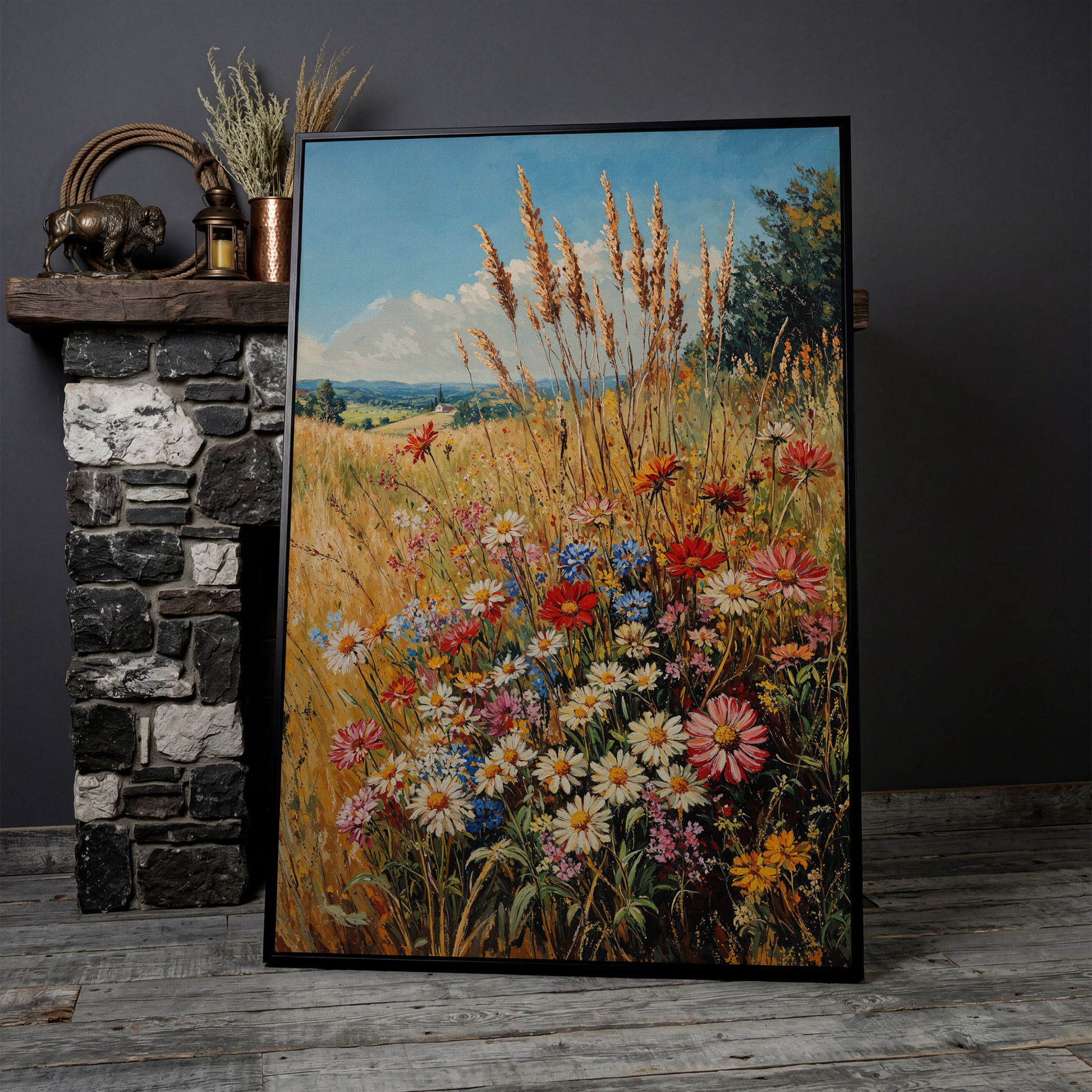 Wildflowers and Blue Sky Canvas in black floating frame