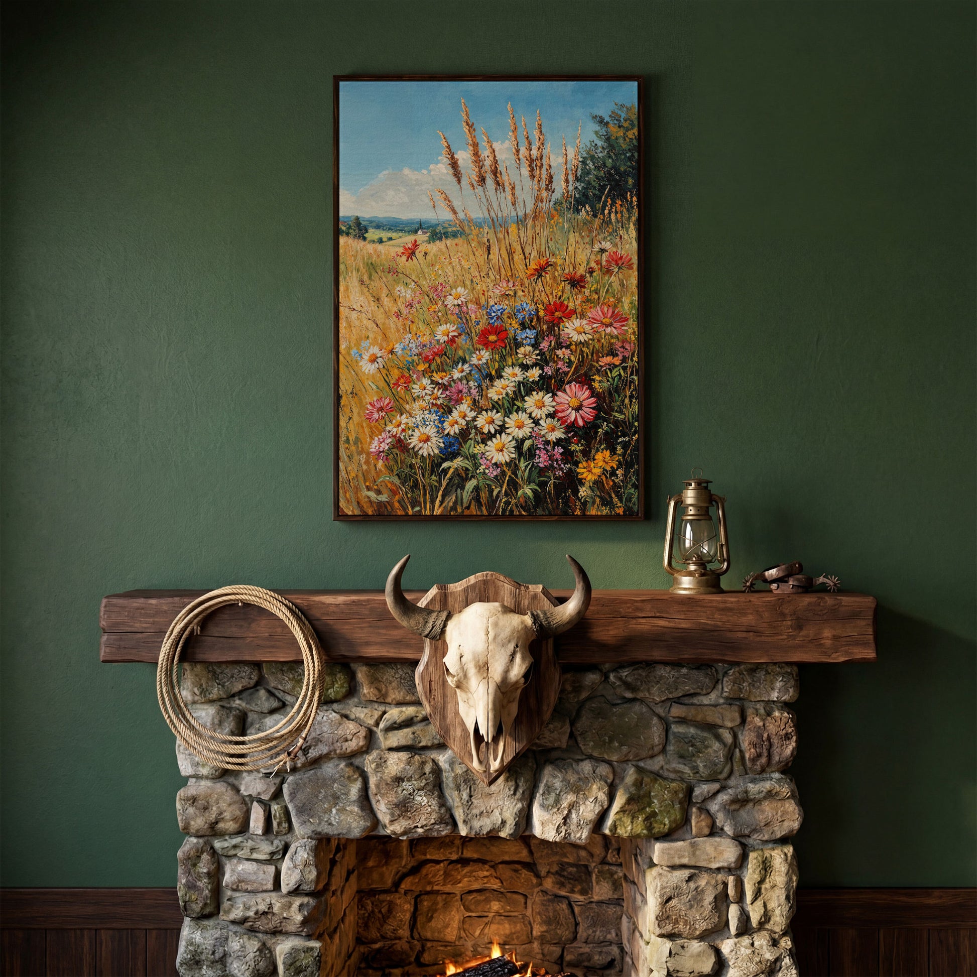 Wildflowers and Blue Sky Canvas in dark walnut floating frame