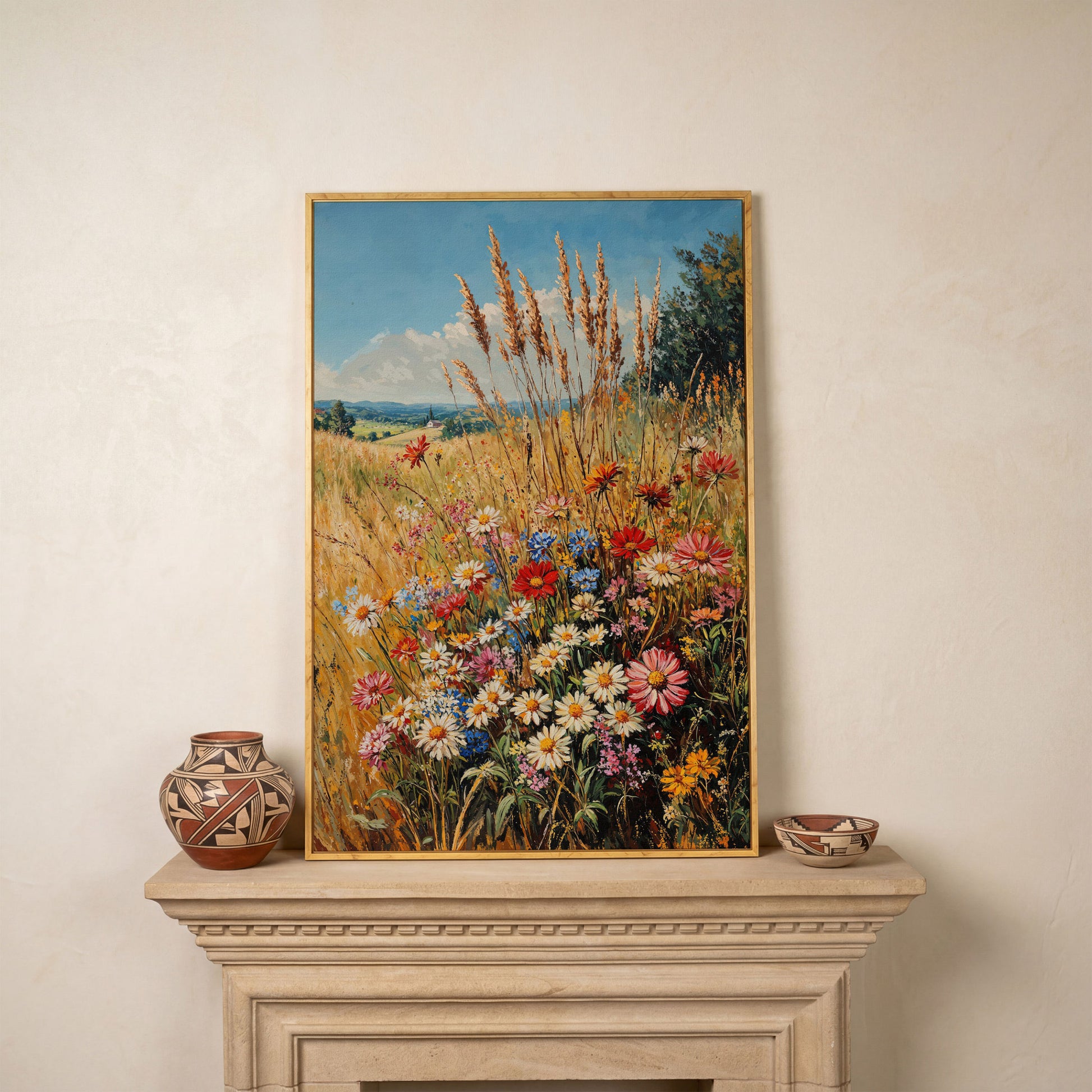 Wildflowers and Blue Sky Canvas in white oak floating frame
