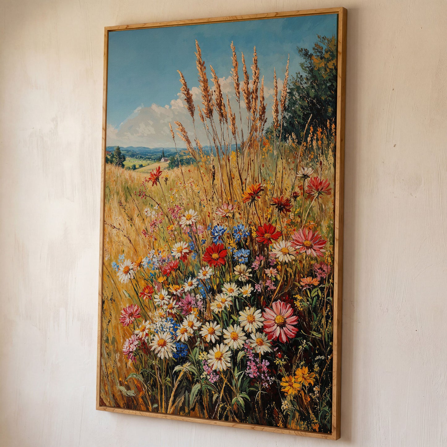 Wildflowers and Blue Sky Canvas shown in white oak floating frame