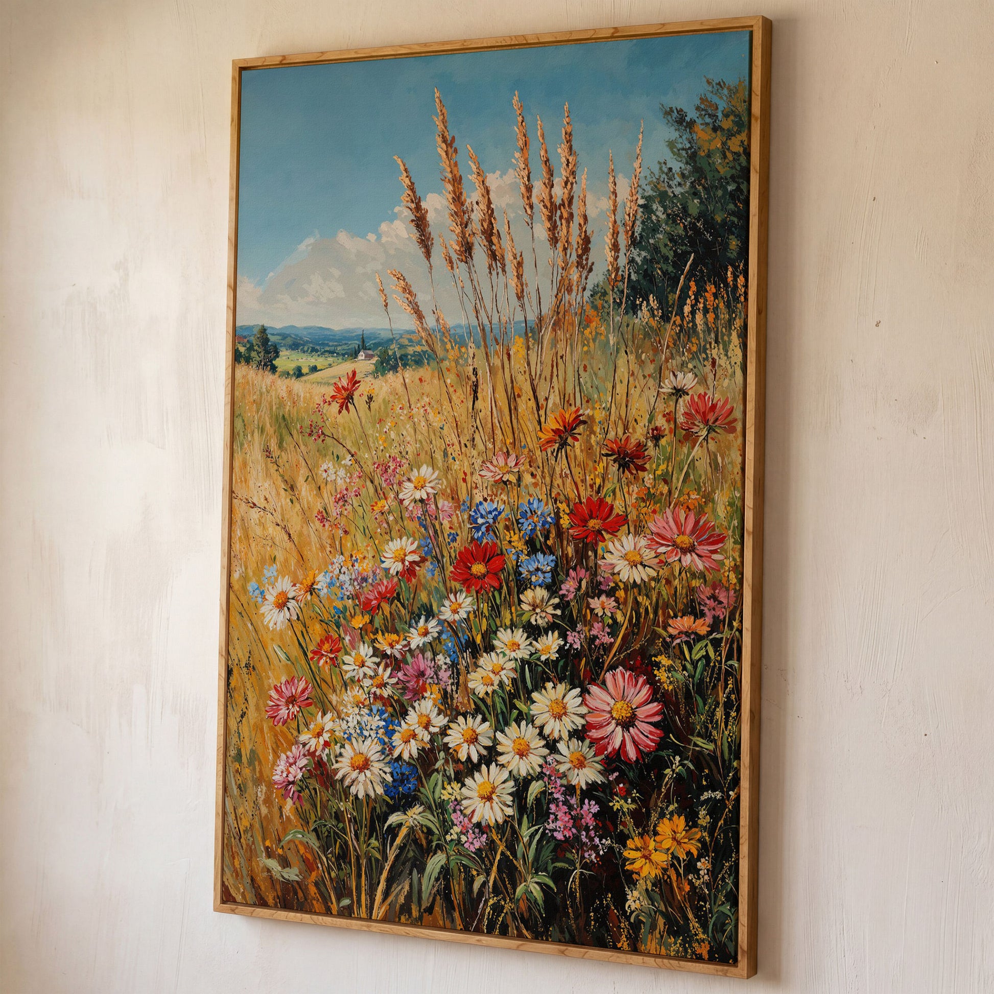 Wildflowers and Blue Sky Canvas shown in white oak floating frame