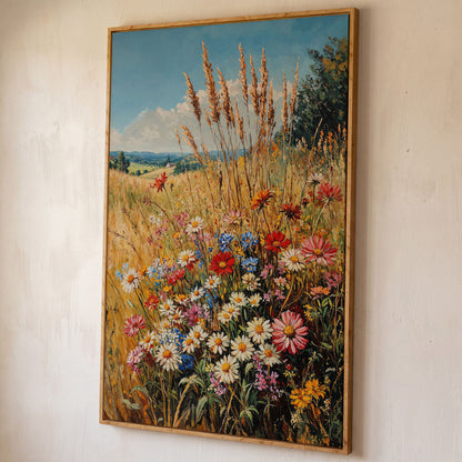 Wildflowers and Blue Sky Canvas shown in white oak floating frame