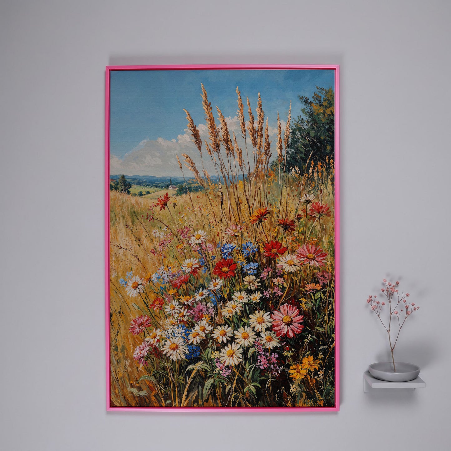 Wildflowers and Blue Sky Canvas in pink floating frame