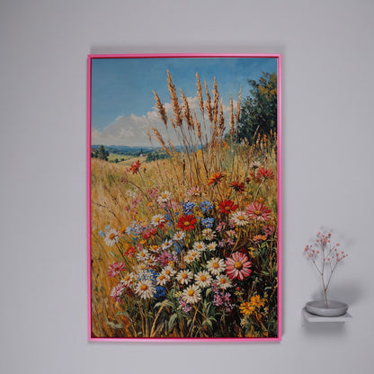 Wildflowers and Blue Sky Canvas in pink floating frame