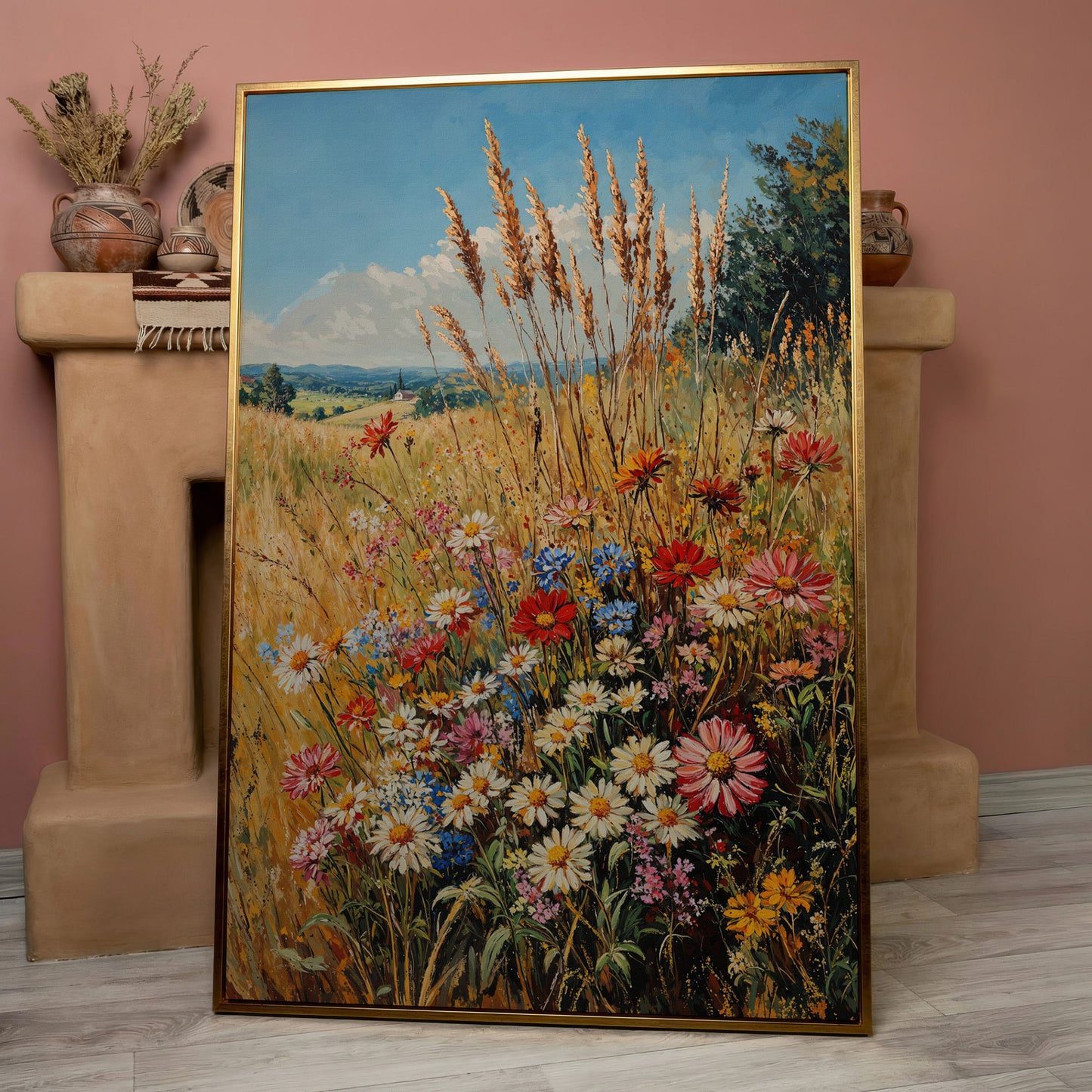 Wildflowers and Blue Sky Canvas in rose gold floating frame
