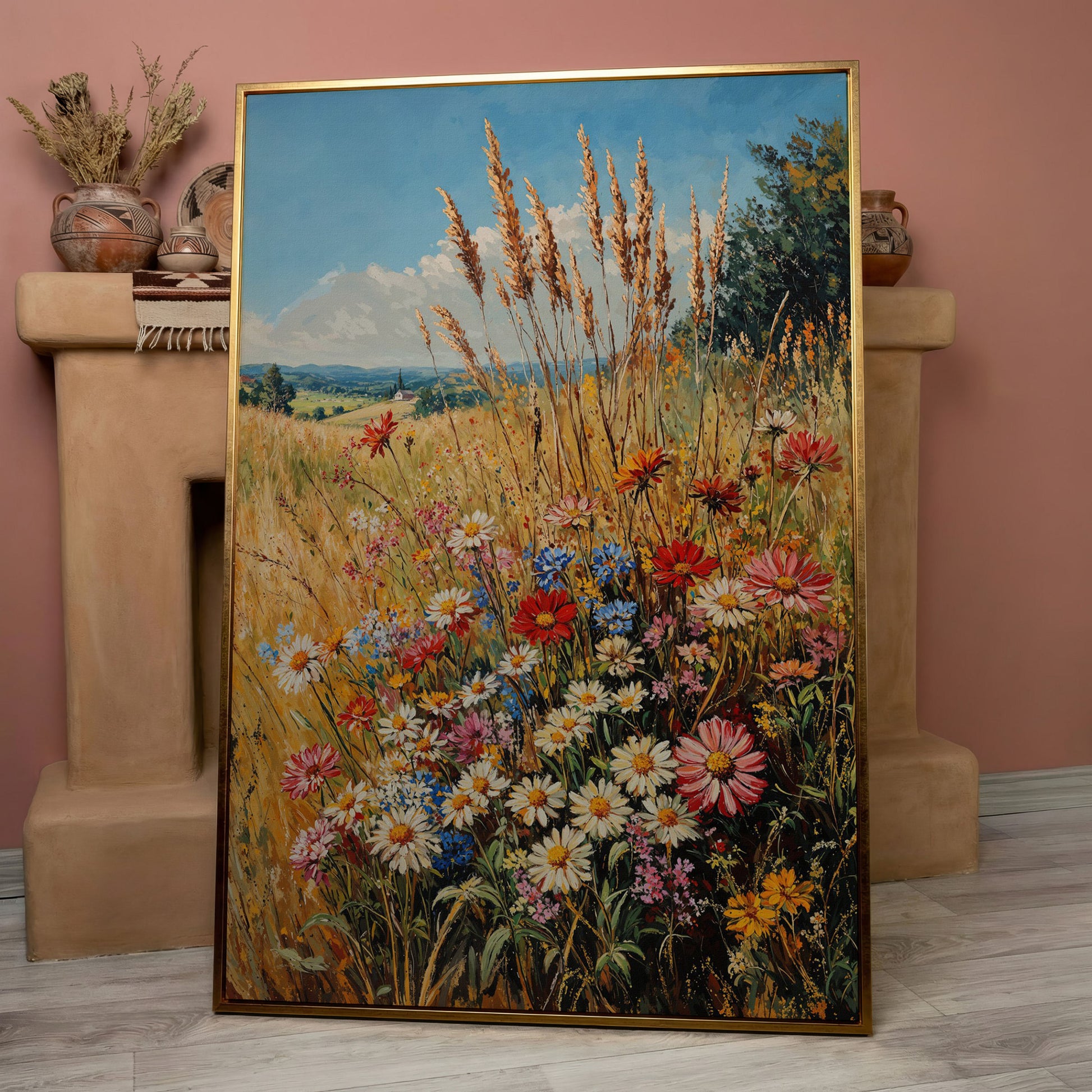 Wildflowers and Blue Sky Canvas in rose gold floating frame
