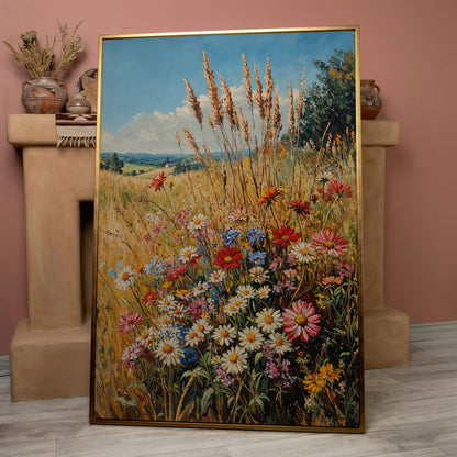 Wildflowers and Blue Sky Canvas in rose gold floating frame