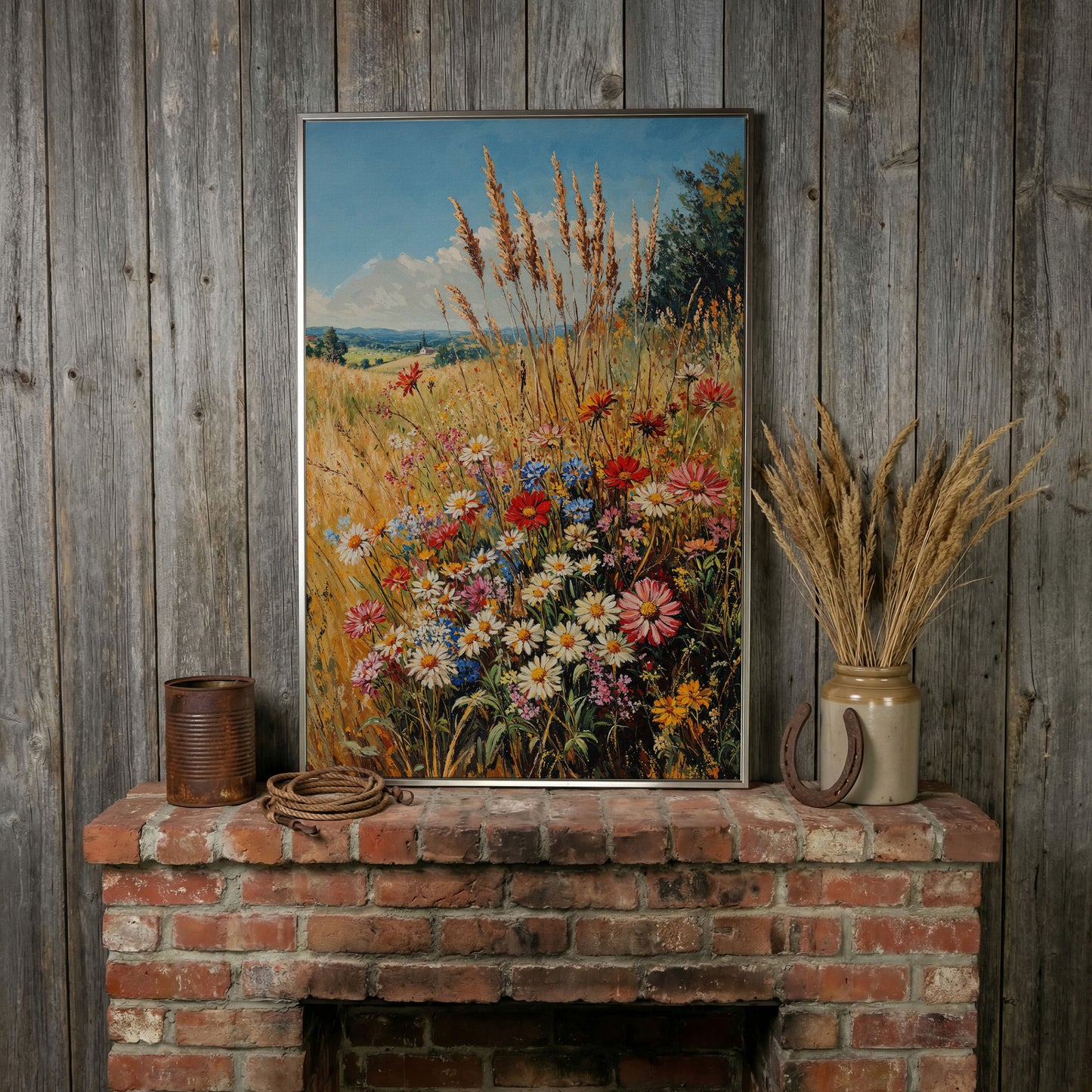 Wildflowers and Blue Sky Canvas in silver floating frame