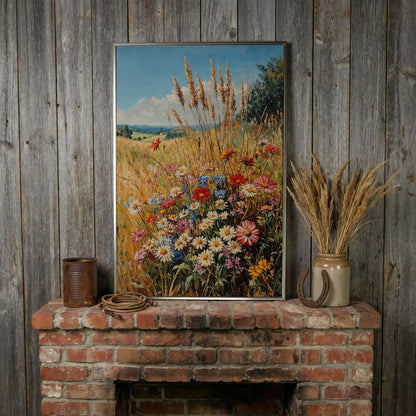 Wildflowers and Blue Sky Canvas in silver floating frame